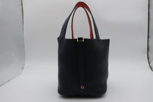 Load image into Gallery viewer, HERMES PICOTIN LOCK ECLAT MM Clemence leather/Swift leather Blue Indigo/Orange poppy X Engraving Hand bag 800090244