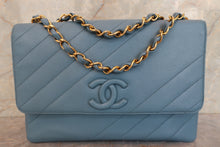 Load image into Gallery viewer, CHANEL Bias stitch chain shoulder bag Caviar skin Lite blue/Gold hadware Shoulder bag 700090178