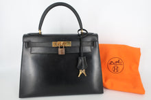画像をギャラリービューアに読み込む, HERMES/エルメス ケリー28 ボックスカーフ ブラック 〇N刻印 ハンドバッグ 800100008