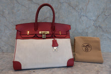 Load image into Gallery viewer, HERMES BIRKIN 35 Toile H/Graine Couchevel leather Beige/Rouge vif 〇Y Engraving Hand bag 800020061