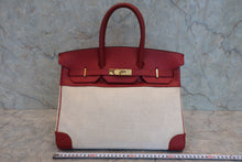Load image into Gallery viewer, HERMES BIRKIN 35 Toile H/Graine Couchevel leather Beige/Rouge vif 〇Y Engraving Hand bag 800020061