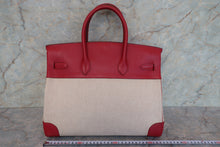 Load image into Gallery viewer, HERMES BIRKIN 35 Toile H/Graine Couchevel leather Beige/Rouge vif □D Engraving Hand bag 700100044