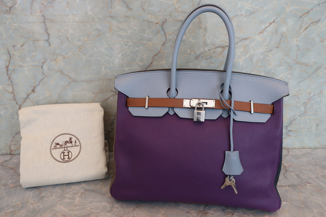 HERMES BIRKIN 35 Arlequin Clemence leather Ultravaiolet/Etain/Blue lin/Etoupe gray/Blue obscurs/Gold □Q Engraving Hand bag 700100062