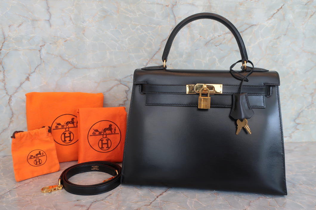 HERMES／エルメス ケリー28 ボックスカーフ ブラック 〇R刻印 ショルダーバッグ 700090002