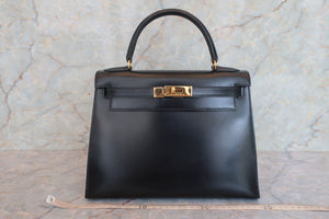 HERMES／エルメス ケリー28 ボックスカーフ ブラック 〇R刻印 ショルダーバッグ 700090002