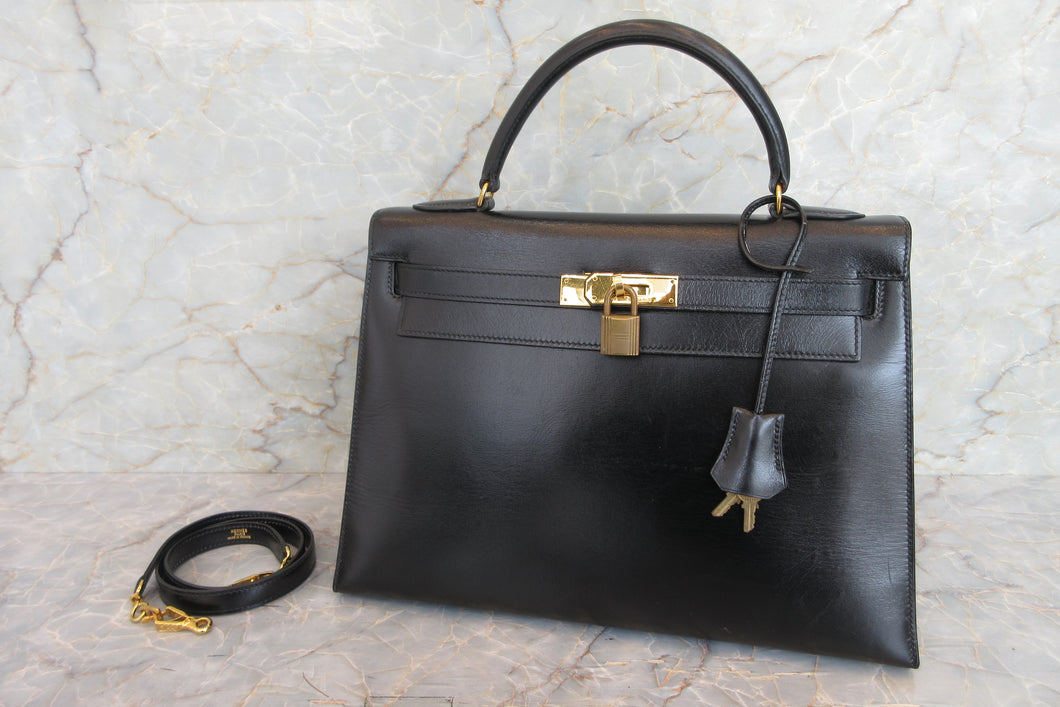 HERMES／エルメス ケリー32 ボックスカーフ ブラック 〇T刻印 ショルダーバッグ 700070118