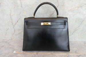 HERMES／エルメス ケリー32 ボックスカーフ ブラック 〇T刻印 ショルダーバッグ 700070118