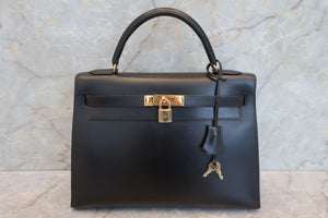 HERMES／エルメス ケリー32 ボックスカーフ ブラック 〇U刻印 ハンドバッグ 700100066