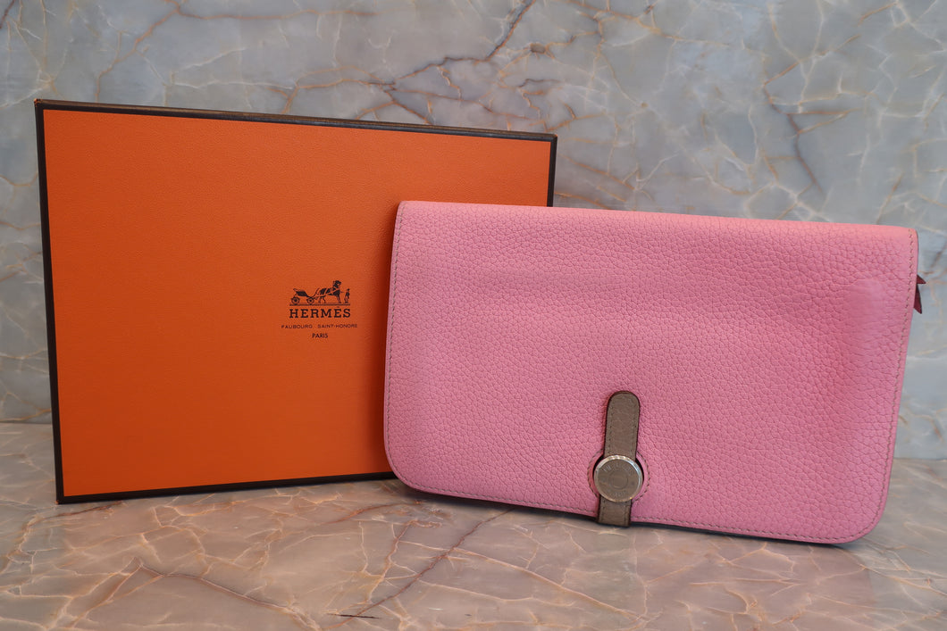 HERMES／エルメス ドゴンGM トゴ ピンク/トゥルティエールグレー □M刻印 財布 700080144