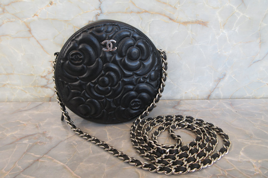 CHANEL/シャネル カメリアラウンドチェーンショルダーバッグ ラムスキン ブラック/シルバー金具 ショルダーバッグ 700110135