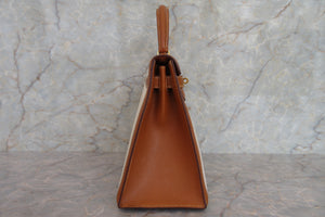 HERMES／エルメス ケリー28 トワルアッシュ/クシュベル ベージュ/ゴールド 〇U刻印 ハンドバッグ 700040217