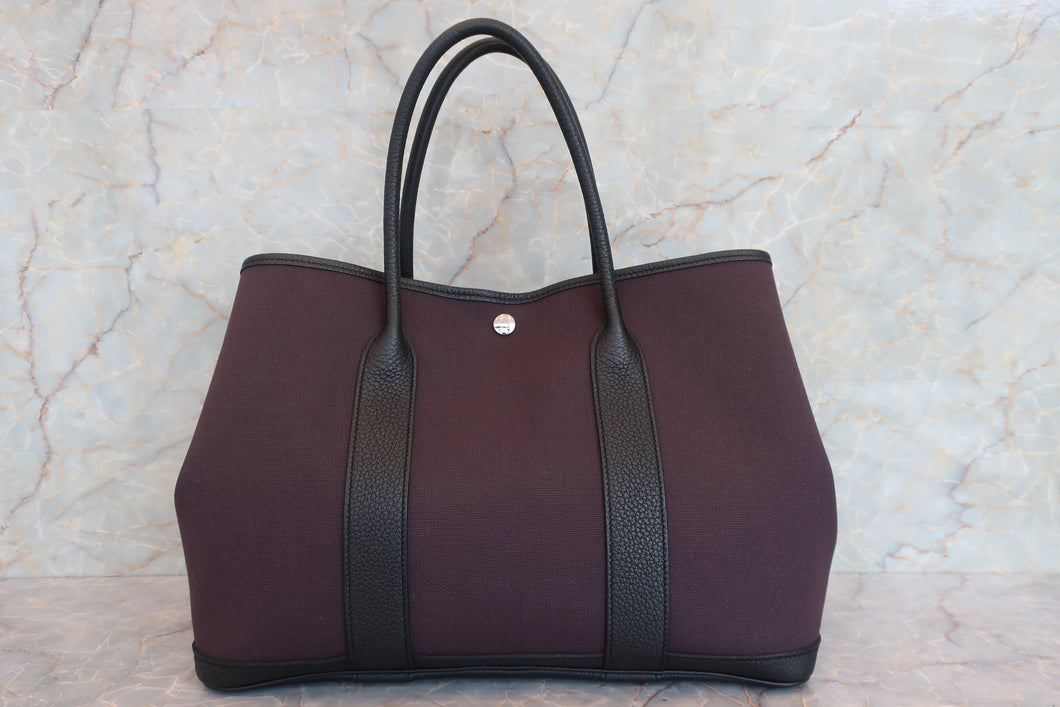 HERMES／エルメス ガーデンパーティPM トワルオフィシェ/レザー パープル/ブラック D刻印 トートバッグ 700070269