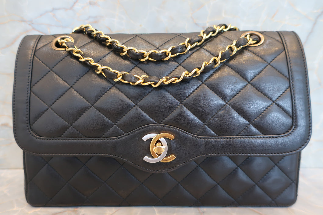 CHANEL Paris Limited Matelasse double flap chain shoulder bag Lambskin Black/Gold hadware Shoulder bag 700100075