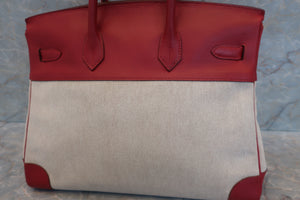 HERMES BIRKIN 35 Toile H/Graine Couchevel leather Beige/Rouge Viviff 〇Y Engraving Hand bag 500100095