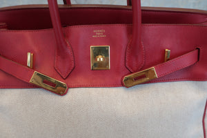 HERMES BIRKIN 35 Toile H/Graine Couchevel leather Beige/Rouge Viviff 〇Y Engraving Hand bag 500100095