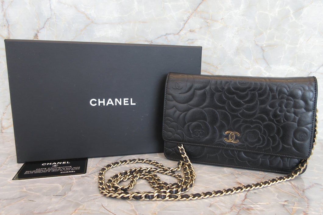 CHANEL/シャネル カメリアチェーンウォレット ラムスキン ブラック/ゴールド金具 ショルダーバッグ 700050193
