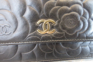 CHANEL/シャネル カメリアチェーンウォレット ラムスキン ブラック/ゴールド金具 ショルダーバッグ 700050193