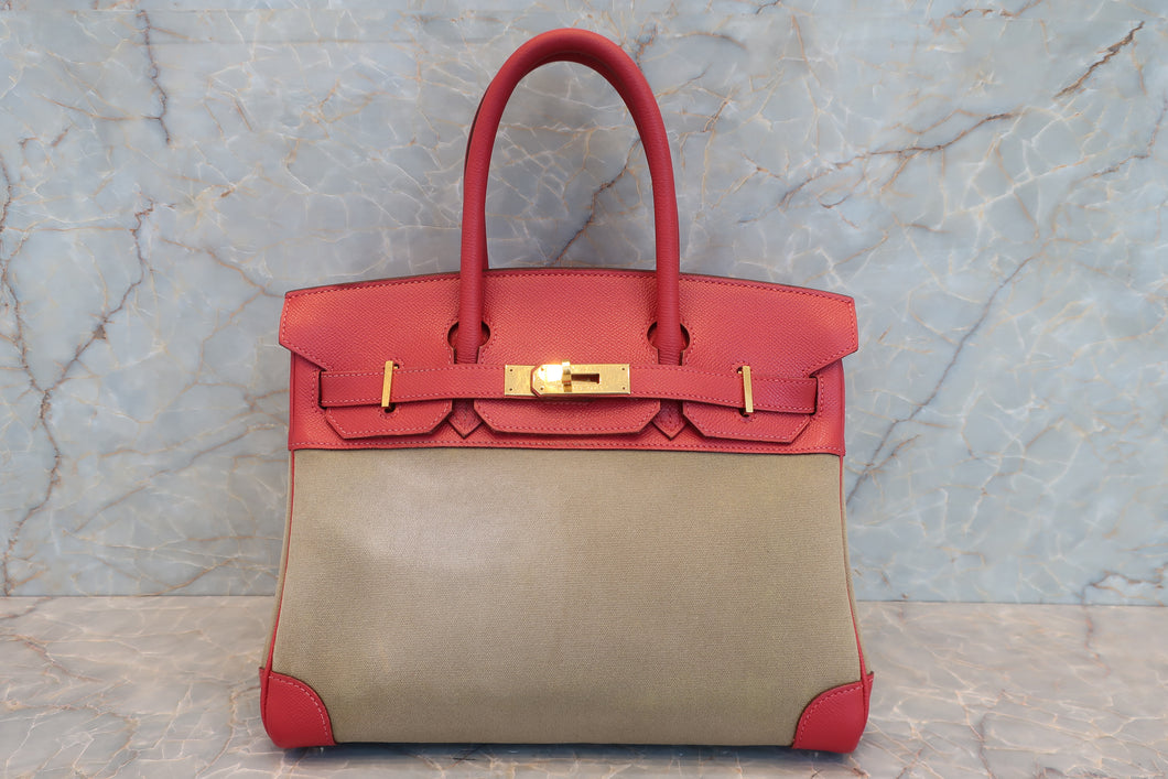HERMES／エルメス バーキン30 トワルオフィシェ/クシュベル カーキ/ルージュヴィフ □H刻印 ハンドバッグ 700070284