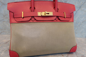 HERMES／エルメス バーキン30 トワルオフィシェ/クシュベル カーキ/ルージュヴィフ □H刻印 ハンドバッグ 700070284