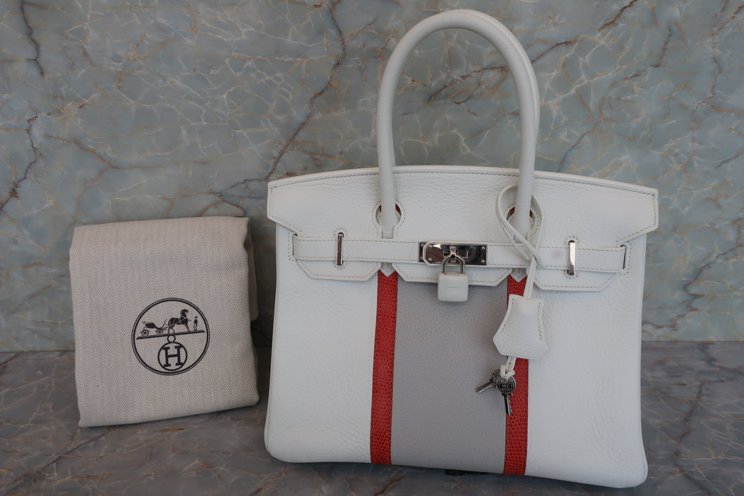 HERMES／エルメス バーキンクラブ30 トリヨンクレマンス/リザード ホワイト/パールグレー/サンギーヌ □O刻印 ハンドバッグ 700030205