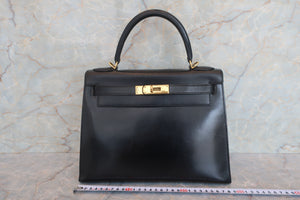 HERMES／エルメス ケリー28 ボックスカーフ ブラック ハンドバッグ 700060225