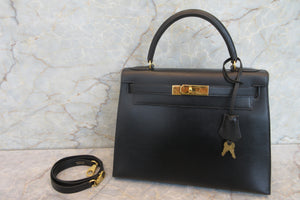 HERMES／エルメス ケリー28 ボックスカーフ ブラック 〇T刻印 ショルダーバッグ 700030274