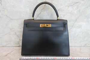 HERMES／エルメス ケリー28 ボックスカーフ ブラック 〇T刻印 ショルダーバッグ 700030274