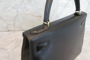 HERMES／エルメス ケリー28 ボックスカーフ ブラック 〇T刻印 ショルダーバッグ 700030274