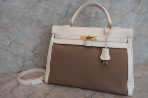 HERMES KELLY 35 Gulliver leather/Toile officier White/Brown 〇U Engraving Shoulder bag 600090122