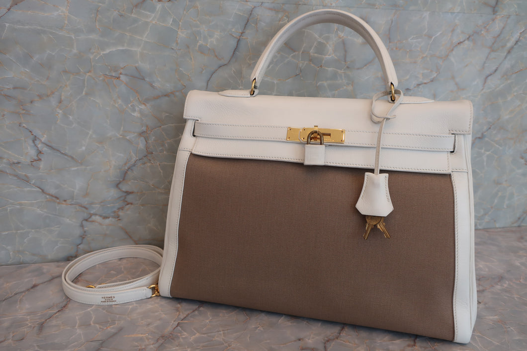 HERMES KELLY 35 Gulliver leather/Toile officier White/Brown 〇U刻印 Shoulder bag 600090122