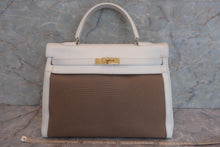 将图片加载到图库查看器，HERMES KELLY 35 Gulliver leather/Toile officier White/Brown 〇U刻印 Shoulder bag 600090122
