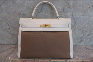 HERMES KELLY 35 Gulliver leather/Toile officier White/Brown 〇U Engraving Shoulder bag 600090122