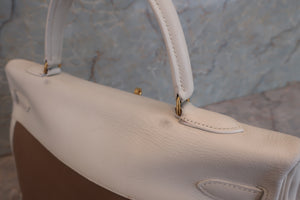 HERMES KELLY 35 Gulliver leather/Toile officier White/Brown 〇U Engraving Shoulder bag 600090122