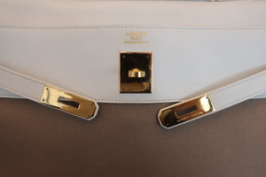 HERMES KELLY 35 Gulliver leather/Toile officier White/Brown 〇U Engraving Shoulder bag 600090122