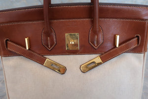 HERMES HAUT A COURROIRE 32 Toile H/Barenia leather Beige/Brown 〇X刻印 Hand bag 600040090