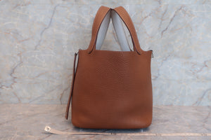 HERMES PICOTIN LOCK ECLAT PM Clemence leather/Swift leather Gold/Pearl gray Z刻印 Hand bag 600100076