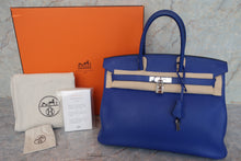 将图片加载到图库查看器，HERMES BIRKIN 35 Clemence leather Blue electric □R刻印 Hand bag 600100093
