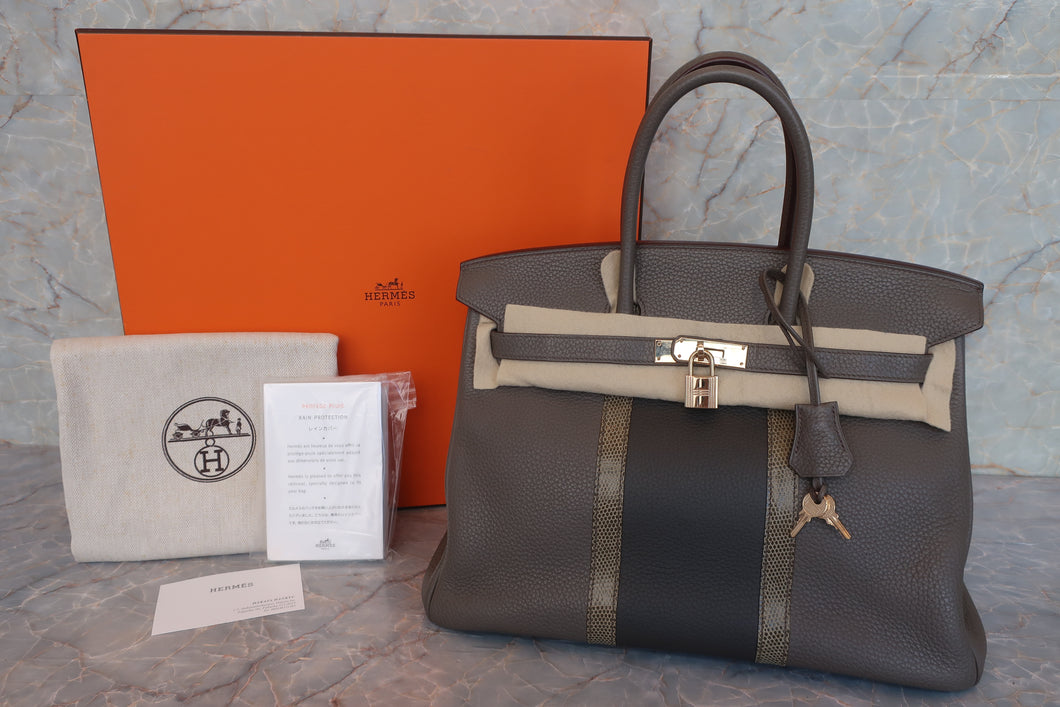 HERMES BIRKIN 35 Clemence leather/Lizard Etain/Graphite/Gris fonce □P刻印 Hand bag 600090120