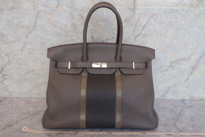 HERMES BIRKIN 35 Clemence leather/Lizard Etain/Graphite/Gris fonce □P Engraving Hand bag 600090120