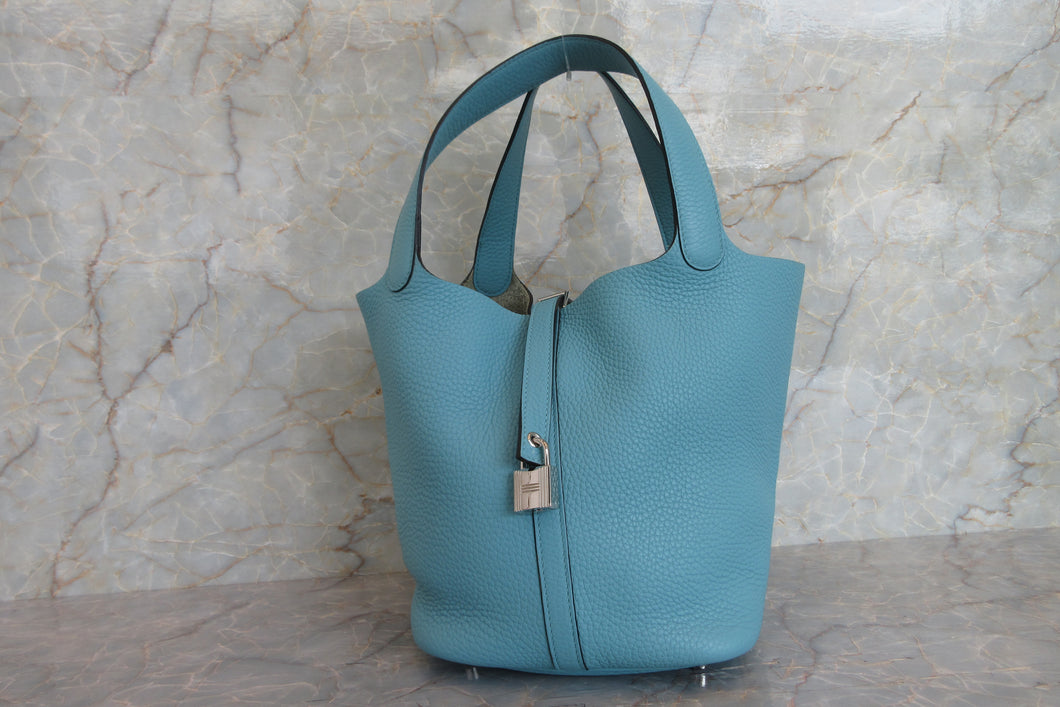 HERMES PICOTIN LOCK MM Clemence leather Blue atoll X Engraving Hand bag 700060064