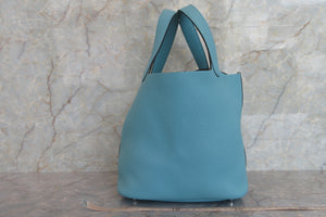 HERMES PICOTIN LOCK MM Clemence leather Blue atoll X Engraving Hand bag 700060064