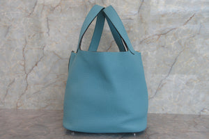 HERMES PICOTIN LOCK MM Clemence leather Blue atoll X Engraving Hand bag 700060064