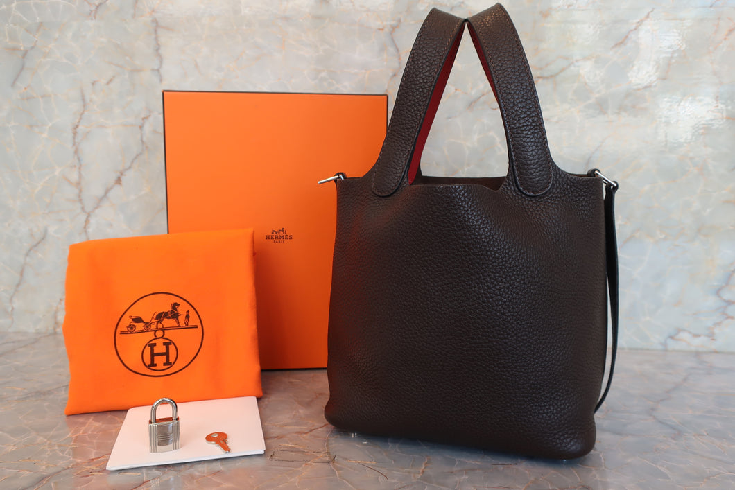HERMES PICOTIN PM Bi-color Clemence leather/Epsom leather Chocolat/Rouge garance □J Engraving Hand bag 700090102