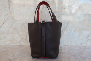 HERMES PICOTIN PM Bi-color Clemence leather/Epsom leather Chocolat/Rouge garance □J Engraving Hand bag 700090102