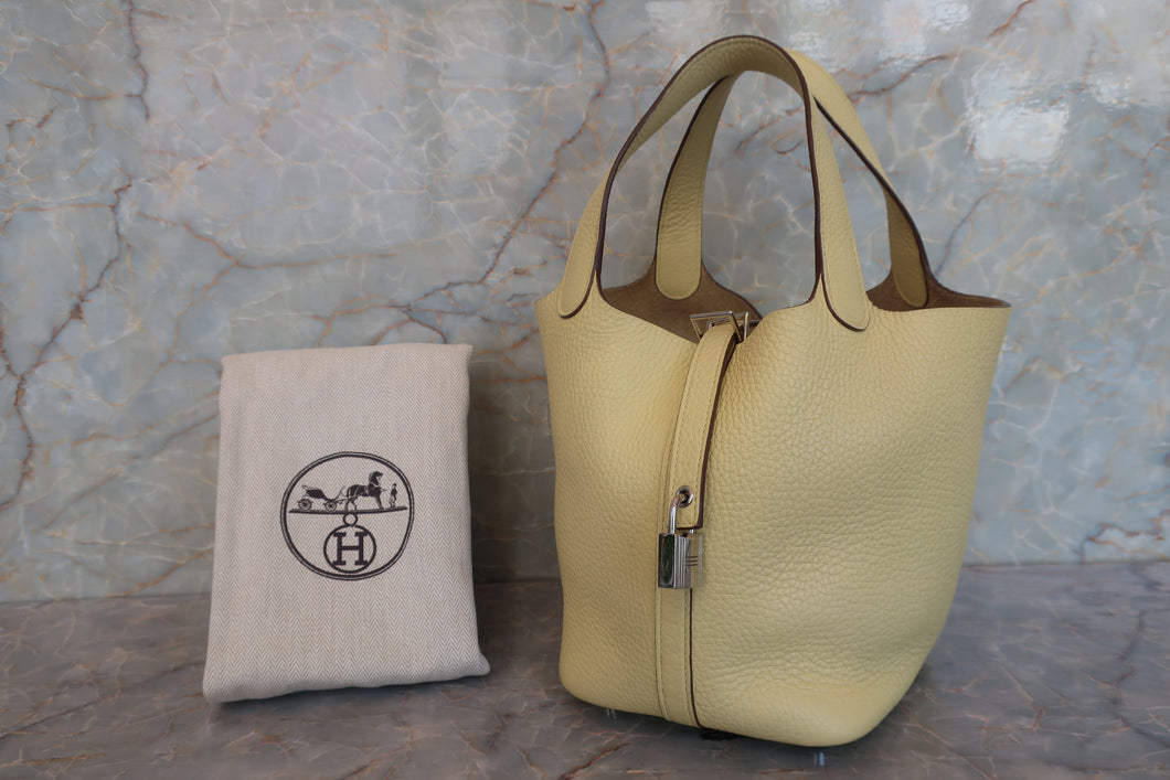 HERMES PICOTIN LOCK PM Clemence leather Jaune poussin X Engraving Hand bag 700090101