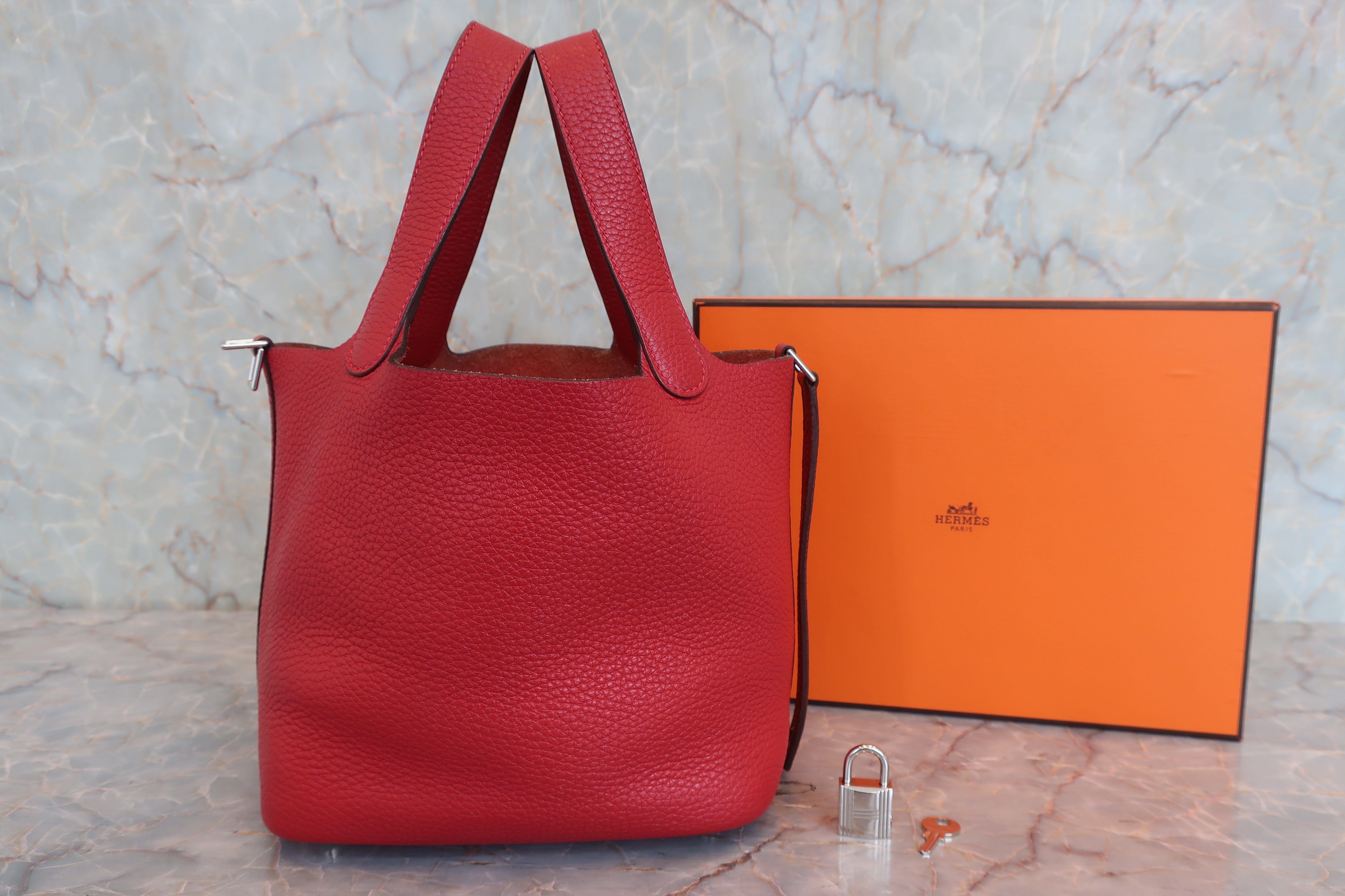 HERMES PICOTIN LOCK PM Clemence leather Rouge garance T Engraving