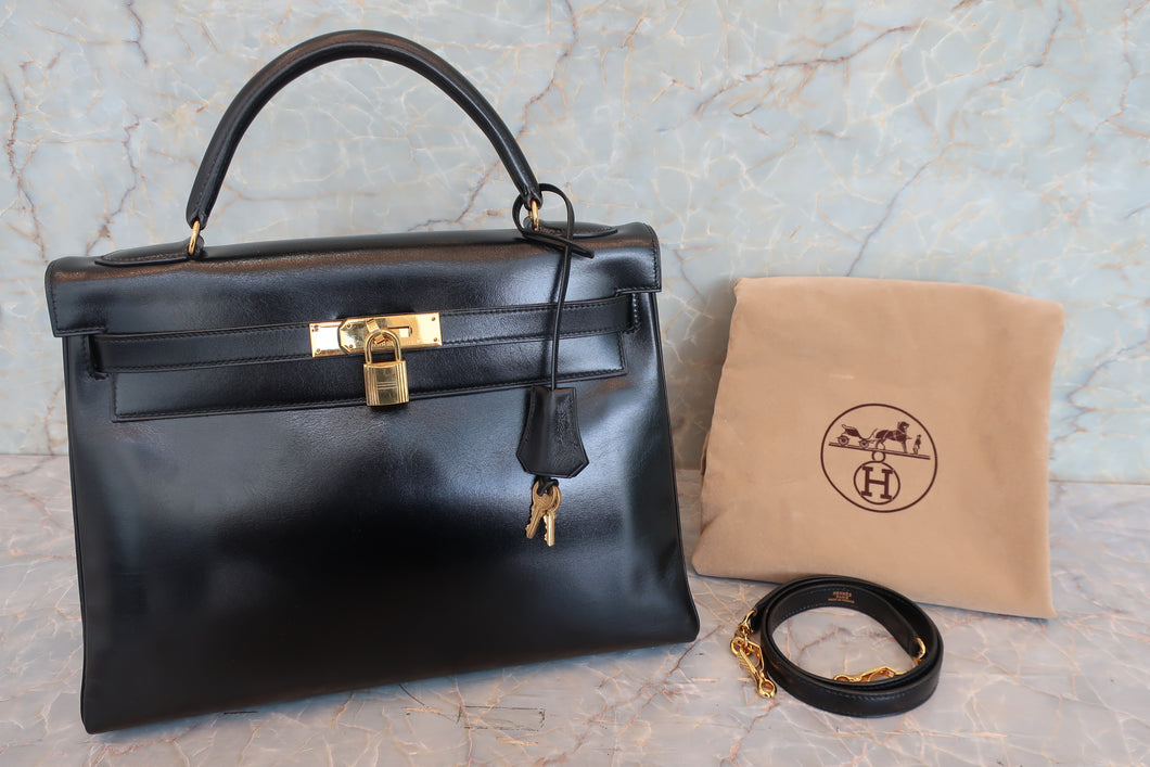 HERMES／エルメス ケリー32 ボックスカーフ ブラック 〇T刻印 ショルダーバッグ 700060258