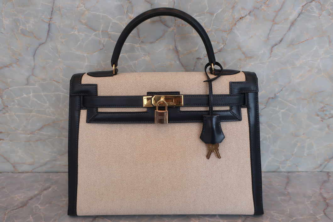 HERMES KELLY 32 Toile H/Box carf leather Beige/Navy 〇Q刻印 Hand bag 600090156