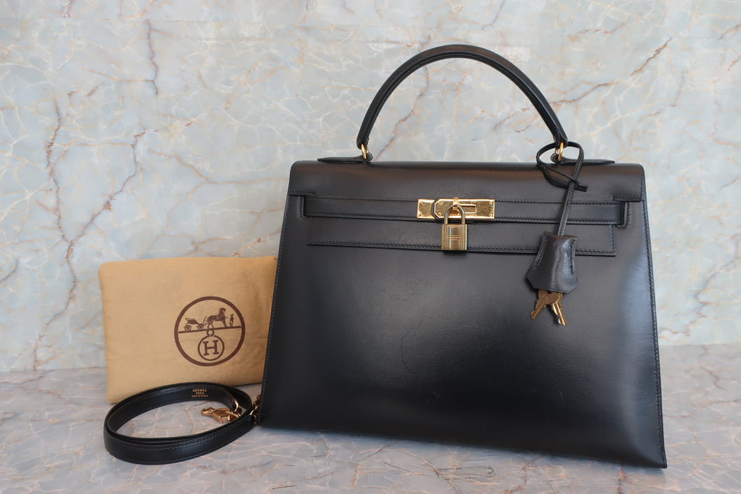 HERMES／エルメス ケリー32 ボックスカーフ ブラック ショルダーバッグ 700060289
