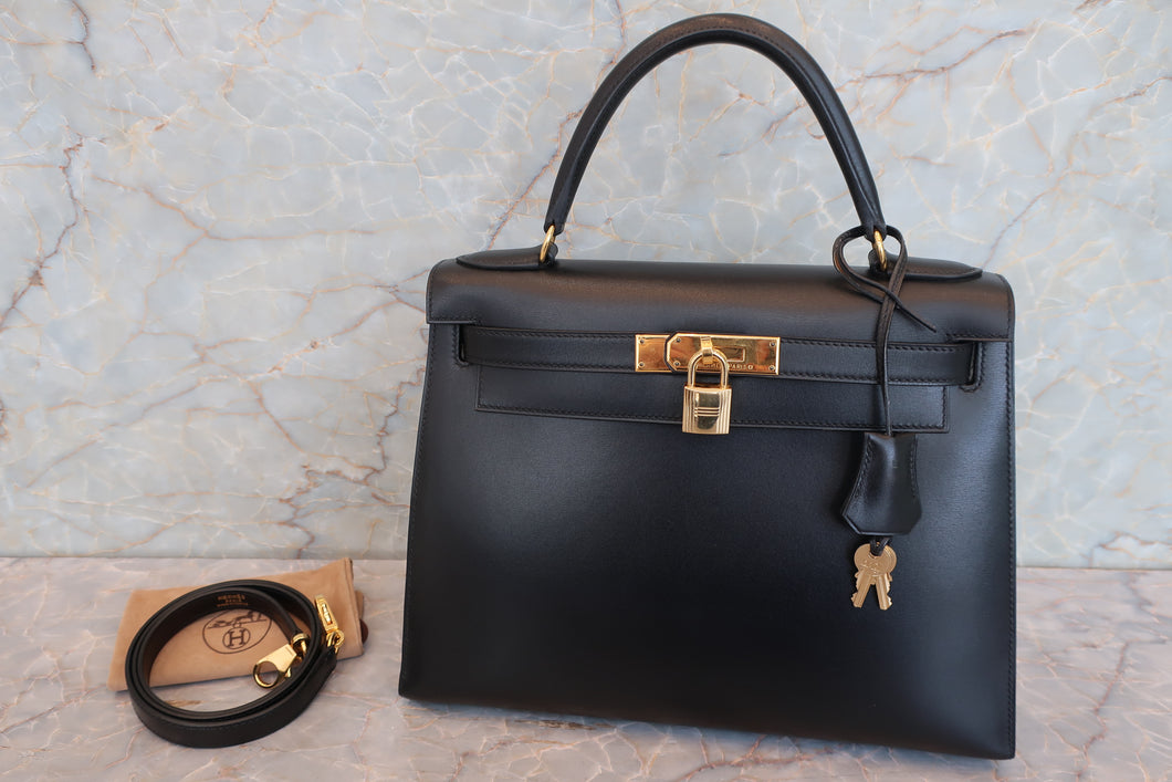 HERMES KELLY 28 Box carf leather Black 〇Z Engraving Shoulder bag 700090115
